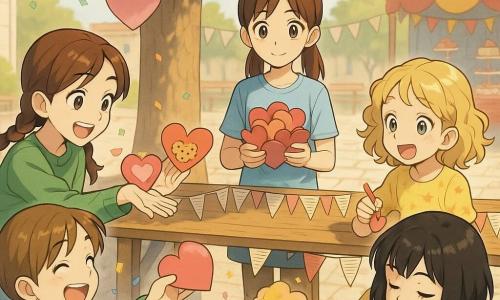 Hay 4 niñas de 9 años: María, pelo castaño liso en coleta, camisa azul claro, de pie en el centro con una pila de corazones de papel rojo y rosa; Ana, pelo castaño en dos trenzas, suéter verde, sonríe ofreciendo un corazón decorado con galletas, a la izquierda; Lina, pelo rubio rizado, vestido amarillo con estrellas, pega pequeñas estrellas en un corazón, a la derecha; Sofía, pelo negro corto, blusa con manchas de pintura, sentada en un taburete escribiendo un mensaje con marcador rojo. Escena: patio escolar soleado con mesas de madera decoradas con guirnaldas de páginas, una carpa colorida y un árbol con un gran corazón de papel; se distribuyen corazones de papel alegremente a los niños en fila, dos por persona, con confeti y luz suave, ambiente cálido y festivo.