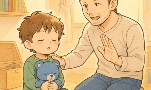 A 4-year-old boy with messy brown hair, round cheeks and closed eyes sits cross-legged holding a blue teddy, calm with relaxed shoulders and a visible breath; his father, about 30–35, gentle face and light stubble, kneels to his right with one hand on the boy’s shoulder and the other raised demonstrating breathing, smiling kindly at him; the child’s bedroom is bathed in golden morning light through sheer white curtains, with a light wood floor, an open toy chest with a red toy car and scattered puzzle pieces, and low shelves of bright books; main scene: a quiet pause as father and son take a deep breath together, serene atmosphere, warm pastel colors, soft outlines and a light watercolor texture to emphasize tenderness.