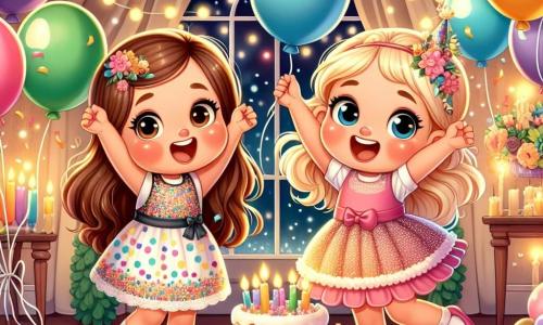 Ein 5-jähriges Mädchen namens Mia mit langen braunen Haaren und strahlenden Augen steht lächelnd und voller Aufregung im Mittelpunkt des Raumes. Sie trägt ein buntes Kleid mit Konfetti-Mustern und hält bunte Ballons in den Händen. Neben ihr tanzt ihre beste Freundin Lilli, ebenfalls 5 Jahre alt, mit geflochtenen blonden Haaren und einem rosa Kleid fröhlich, die Arme in die Höhe gestreckt, umgeben von funkelnden Lichtern. Die Szene spielt in einem festlichen Wohnzimmer, dekoriert mit Lichtergirlanden und schwebenden Ballons. Glitzernde Konfetti liegen auf dem Boden, und auf dem Tisch steht eine große, dekorierte Torte, umgeben von brennenden Kerzen. Mia und Lilli bereiten eine Überraschung für ihre Familie vor, bereit, das neue Jahr mit Lachen und Musik zu feiern, während die Aufregung der Feier in der Luft liegt.