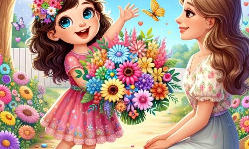 Ein 3-jähriges Mädchen, Mia, mit funkelnden Augen und lockigem Haar, steht im Mittelpunkt des Bildes, strahlend vor Freude. Sie trägt ein hübsches rosa Blumenkleid und Gartenhandschuhe und hält einen wunderschönen bunten Strauß aus Blumen, Blättern und glitzernden Früchten, den sie für ihre Mama zusammengestellt hat. Neben ihr sitzt ihre Mama, eine lächelnde und herzliche Frau in ihren Dreißigern mit langen braunen Haaren und einem leichten Blumenmusterkleid. Sie sitzt auf einer Holzbank, schaut ihre Tochter voller Liebe und Staunen an und ist bereit, den Strauß in Empfang zu nehmen. Der Hintergrund ist ein bezaubernder Garten, gefüllt mit leuchtend bunten Blumen, schwirrenden Schmetterlingen und einem klaren blauen Himmel mit flauschigen weißen Wolken. Im Hintergrund bietet ein großer majestätischer Baum Schatten, während ein Kiesweg durch den Garten schlängelt. Die Hauptsituation zeigt Mia, die voller Begeisterung ihren magischen Strauß ihrer Mama zum Muttertag überreicht, während um sie herum Lichtstrahlen funkeln, die die Liebe und Magie dieses besonderen Moments symbolisieren.