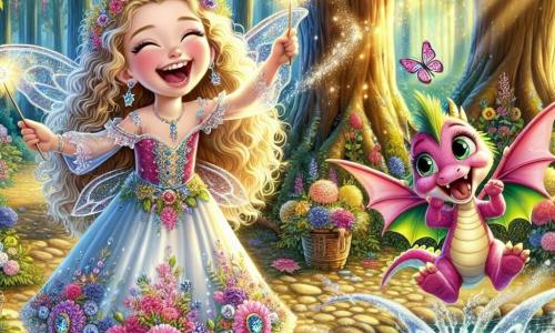 În centrul imaginii, o prințesă veselă numită Mirela, în vârstă de aproximativ 10 ani, cu părul lung, blond și ondulat, îmbrăcată într-o rochie colorată decorată cu flori strălucitoare, râde cu poftă ținând în mână o baghetă magică sclipitoare. Are ochi strălucitori de năzdrăvănie și un zâmbet larg pe față, arătându-și entuziasmul pentru aventură. Lângă ea, Fluffy, un mic dragon roz cu solzi strălucitori, cu ochi mari și rotunzi și aripi delicate, se distrează stropind apă sărind în lacul cristalin. Arată jucăuș și fericit, adăugând o notă de magie scenei. În fundal, o pădure fermecată se ridică, cu copaci majestuoși cu trunchiuri groase și frunze de un verde strălucitor, în timp ce flori colorate și fluturi zboară în jur. Lumina soarelui filtrează prin ramuri, creând o atmosferă caldă și primitoare. Situația principală arată cum Mirela și Fluffy se distrează împreună la marginea lacului, unde râd și se joacă, înconjurați de zâne care îi privesc cu admirație, pregătiți să celebreze prietenia și spiritul lor aventuros.