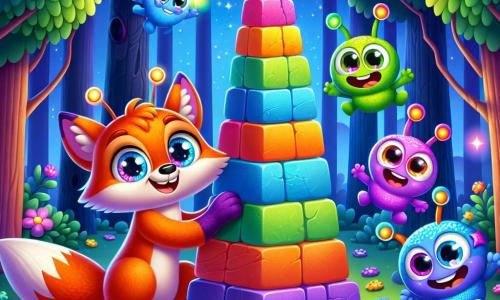 Niko the fox, with bright orange fur and sparkling curious eyes, is building a rainbow stone tower, a big smile on his face. Next to him are three Zibzabs, round and colorful aliens: a blue one with sparkling antennas, a green one with four cheerful arms, and a purple one with star-shaped eyes, all laughing and helping to stack the stones. The setting is a magical forest, where the trees shimmer under a starry sky, and glowing flowers dance around them. The scene shows Niko and the Zibzabs in action, with stones of all colors piling up into a tall, unstable tower, while a gentle breeze rustles the leaves of the trees.