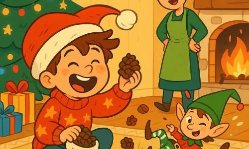 Um menino de 6 anos, expressão alegre e maravilhada, cabelo castanho desgrenhado, blusas vermelha com estrelas e um gorro de Papai Noel grande, sentado no tapete rindo e segurando uma pinha; a mãe, cerca de 30–35 anos, cabelo castanho preso em coque, sorriso surpreso e avental verde, está junto à lareira olhando com ternura; um duende travesso, tamanho de um cachorro, aparência de menino, chapéu pontudo verde, jaqueta vermelha e collants listrados, faz uma pequena cambalhota no chão espalhando pinhas e biscoitos; sala de Natal aconchegante com tapete bege geométrico, lareira de pedra com fogo alaranjado, árvore decorada com bolas douradas, luzes coloridas, presentes, migalhas de biscoito e marcas de farinha no chão; situação principal: o menino armou uma armadilha com uma meia vermelha cheia de pinhas e surpreendeu o duende no salto, cena de surpresa alegre e cumplicidade, composições dinâmicas, cores quentes e contrastantes, linhas nítidas e formas arredondadas, atmosfera festiva e luminosa.