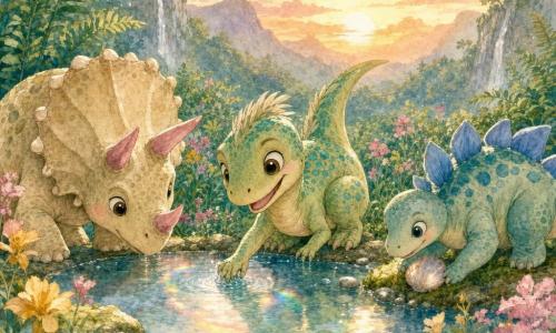 A small, cheerful pale-green velociraptor named Rivi with turquoise spots, round smiling eyes and a light crest crouches at the edge of a shimmering pool touching the water with a foot; Tula the round, gentle cream triceratops with pink horns drinks peacefully to Rivi's left; Milo the small curious stegosaurus with sky-blue plates holds a shiny shell on moss to the right; the scene is a lush valley with yellow and pink flowers, tall ferns and sparkling stones around a circular clear pool reflecting tiny rainbows at dusk as Rivi tends the magical pool while friends play, in soft watercolor pastels and warm sunset light.
