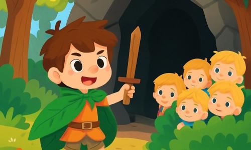 Little Thumb, a boy with tousled chestnut hair and sparkling determined eyes, stands bravely in front of a huge cave, his small face showing an expression of courage and excitement. He wears a cape made of a green leaf and holds a wooden stick like a sword, ready to defend his village. Beside him, his six brothers, boys aged 5 to 10 with blonde hair and round faces, watch him with admiration. They are hiding behind a bush, their wide eyes eager and a bit worried, but full of pride for their little brother. The scene takes place at the entrance of a dense forest, where tall, gnarled trees rise towards the sky, their shiny leaves filtering the sunlight. Colorful flowers dot the ground, and a gentle breeze makes the tall grasses dance. In this main situation, Little Thumb is about to enter the cave of the Great Ogre, determined to save his village using his intelligence and courage, while his brothers silently encourage him, ready to support him in this thrilling adventure.
