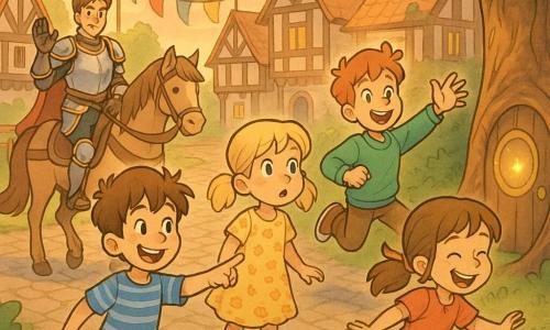 There are five characters: four children—10-year-old Max with messy brown hair, a striped blue T-shirt and khaki shorts, smiling and pointing at a sparkling round door in a tree; 9-year-old Lily with blonde pigtails in a yellow floral dress, gazing in wonder toward the medieval square; 9-year-old Noah with red hair and a green sweater, bouncing on his toes excitedly to the right; 8-year-old Emma with chestnut hair tied with a red ribbon and a denim skirt, laughing as she chases a small squirrel—and one knight, Sir Cedric, a 16–18-year-old in shiny silver armor with gold details and a red cape, kindly saluting from his horse near a jousting field. Setting: a large paved medieval square with half-timbered houses and orange tiled roofs, colorful banners, a grassy jousting arena to the left and an old oak with a sparkling round door in its trunk to the right, warm sunset light. Main scene: the children have just emerged from the tree door and discover the medieval scene with surprised joyful faces and gentle motion—Emma chasing the squirrel, Noah hopping, Max pointing, Lily admiring—Sir Cedric smiling on his horse, a soft adventurous, pastel, childlike comic style.