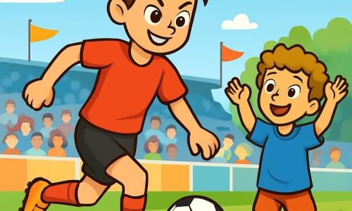 Lena, een jonge atletische vrouw met kastanjebruin haar in een paardenstaart, draagt een felrode sportoutfit en zwarte shorts. Ze straalt vastberadenheid uit, haar ogen glinsteren van passie terwijl ze de voetbal over het veld dribbelt. Dichtbij staat Milan, een 8-jarig jongetje met krullend haar en een stralende glimlach, in een te groot blauw t-shirt. Hij applaudisseert enthousiast met opgeheven armen terwijl hij Lena bewonderend aankijkt. Het voetbalveld is groen, omringd door enthousiaste toeschouwers op de tribunes, met kleurrijke vlaggen die in de wind wapperen. De lucht is helderblauw met enkele donzige witte wolken. Lena is in volle actie, klaar om te schieten, terwijl Milan haar vrolijk aanmoedigt, wat de teamgeest en de passie voor voetbal illustreert.