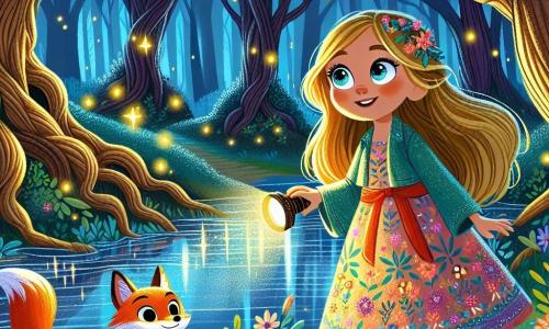 A 9-year-old girl named Lily stands by a mysterious pond in the Whispering Woods. Her eyes sparkle with excitement and curiosity, while her golden hair gently floats in the breeze. She wears a colorful dress adorned with floral patterns and holds a flashlight illuminating the sparkling crystals around her. Beside her is a small fox named Finn, with bright orange fur and mischievous eyes, encouraging her with a smile as he stands on a rock, ready to guide her on her adventure. The setting is an enchanted clearing surrounded by tall trees with gnarled trunks and shimmering leaves, lit by dancing fireflies. The pond reflects the stars, creating a magical and mysterious atmosphere. The main scene shows Lily, full of courage, approaching the pond to discover a hidden treasure, while Finn watches her proudly, ready to help her overcome her fears.