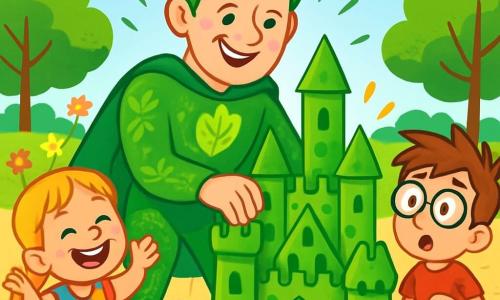 Mężczyzna w średnim wieku, z jaskrawozielonymi włosami i radosnym uśmiechem, stoi w centrum obrazu. Ma na sobie jaskrawozielony kostium superbohatera ozdobiony wzorami liści i kwiatów, a jego oczy błyszczą figlarnie. Dotyka dużego zamku z piasku, który przekształca się w piękną zieloną strukturę, otoczoną śmiechem dzieci. Po jego prawej stronie stoi 8-letni chłopiec z rozczochranymi brązowymi włosami i okularami, z zachwytem wpatrując się, oczy szeroko otwarte z zaskoczenia. Ma na sobie czerwoną koszulkę i niebieskie szorty, trzymając wiaderko z piaskiem. Po lewej stronie 7-letnia dziewczynka z blond warkoczykami i promiennym uśmiechem klaska, skacząc, ubrana w kolorową sukienkę w kropki. Scena rozgrywa się w słonecznym parku, z zielonymi drzewami w tle, kolorowymi kwiatami i jasnoniebieskim niebem. Dzieci bawią się wokół, niektóre budując inne zamki z piasku, podczas gdy inne się śmieją i bawią. Główna sytuacja pokazuje superbohatera, pana Wacława, który używa swojej mocy, aby przekształcić zamek z piasku w zieloną dzieło sztuki, przynosząc radość i śmiech dzieciom wokół niego.