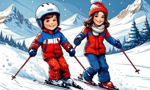 Um garoto de 12 anos, Miguel, com cabelos castanhos e olhos brilhantes de alegria, está descendo uma encosta nevada com seus esquis. Ele usa uma roupa de esqui colorida, vermelha e azul, e um capacete de proteção, exibindo um grande sorriso de empolgação no rosto. Perto dele, sua mãe, uma mulher de cerca de 35 anos, com cabelos castanhos e um gorro de lã, o incentiva com um olhar orgulhoso, segurando um termômetro de chocolate quente. Seu pai, um homem de 40 anos, com uma barba leve e um casaco preto, está um pouco mais abaixo na pista, pronto para tirar fotos do filho em ação. O local é uma linda estação de esqui, cercada por majestosas montanhas cobertas de neve brilhante sob um céu azul claro. A cena principal mostra Miguel fazendo uma descida rápida, seus esquis deslizando com facilidade na neve, enquanto ele ri e se diverte, vivendo uma aventura inesquecível em família.