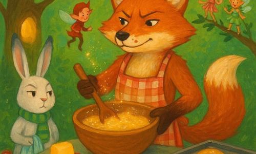 Bramble, an orange-red anthropomorphic fox with a determined proud expression, textured fur and a smear of jam on his whisker, wearing a checkered apron and holding a large wooden bowl while gently stirring glittering dough; Juniper, a white-gray long-eared rabbit with a wry amused look and a green striped scarf, standing left of Bramble with a tea towel ready to catch the biscuits; Pippet, a tiny domestic pixie with crinkled ribbon wings, floating mischievously by Bramble’s shoulder with bright curious eyes; a pale yellow anthropomorphic pat of butter with a red sash posing comically proud on the stone table; three tiny petal-clad fairies with thistle crowns perched on an alder branch clapping and laughing; setting: lush alder clearing with soft moss, a hollow trunk turned glowing oven, a ring of mushrooms, dappled green light and sparkling particles; main scene: a lively, whimsical moment as Bramble makes magical “fairy biscuits” — glittering dough, golden biscuits beginning to bounce on a tray with silver trails of fairy dust, centered composition, saturated colors, visible brushstrokes and acrylic textures, warm fantastical mood.