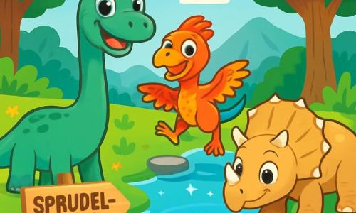 Ein junger Diplodocus namens Dippo mit glänzend grün-grauer Haut und einem langen Hals steht fröhlich am Rand eines glitzernden Teiches, seine großen kugelrunden Augen leuchten vor Aufregung. Neben ihm springt ein kleiner Oviraptor namens Otter mit bunten Federn und einem schelmischen Lächeln fröhlich auf Steinen, während ein Triceratops namens Tina mit ihren drei Hörnern und beiger Haut sich bückt, um Wasser zu trinken, ihre Augen funkeln vor Neugier. Die Szenerie ist ein grünes Tal, gefüllt mit großen Bäumen mit lebhaften Blättern, strahlenden Blumen und einem klaren blauen Himmel, der mit flauschigen Wolken übersät ist. Dippo, Otter und Tina sind bereit, in das kühle Wasser des Sprudel-Teichs zu tauchen und einen Tag voller Abenteuer und Lachen zu erleben.