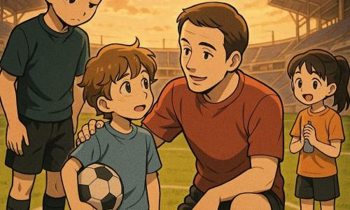 Un futbolista profesional adulto, de rostro cálido y tranquilo y cabello castaño corto, está arrodillado junto a un niño de unos 10 años con cabello castaño claro ondulado que sostiene un balón bajo el brazo; el jugador le pone una mano tranquilizadora en el hombro y habla con paciencia mientras el niño lo mira con admiración. A su lado, un chico más alto de unos 12 años, con pelo negro corto y expresión avergonzada, guarda la mirada y tiene las manos en las caderas como si hubiera sido demasiado brusco. Una niña de unos 10 años, con el pelo largo recogido en una coleta, sonríe y aplaude suavemente desde unos pasos, sujetando una pequeña cantimplora. La escena transcurre en un pequeño campo de entrenamiento dentro de un gran estadio vacío al atardecer, con césped bien cortado, conos naranjas y luz dorada, y transmite un momento de enseñanza, respeto y juego limpio en estilo manga, con rasgos redondeados y ojos grandes que acentúan la emoción.