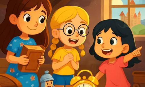 Hay 3 personajes: - Clara: una niña de 10 años, con cabello largo castaño y ojos brillantes. Lleva un vestido azul con flores y sostiene un viejo libro en sus manos. - Sofía: una niña de 9 años, con trenzas rubias y gafas redondas. Lleva una camiseta amarilla y un pantalón corto de mezclilla, y mira el viejo reloj despertador con asombro. - Luna: una niña de 10 años, con cabello negro y ojos verdes. Viste una túnica rosa y pantalones negros, y señala emocionada el castillo medieval a lo lejos. La escena principal se desarrolla en un viejo desorden de ático, lleno de baúles antiguos, juguetes de madera y telarañas. La luz del sol se filtra a través de una ventana polvorienta, iluminando un ambiente misterioso y mágico. En el fondo, se ve un viejo reloj despertador dorado que brilla suavemente. La situación principal muestra a las tres amigas descubriendo el viejo reloj despertador, con sus rostros iluminados por la curiosidad y el asombro, listas para vivir una aventura increíble, rodeadas de tesoros olvidados y un aire de misterio.