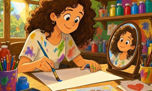 Mujer artista sonriente y tranquila, sentada junto a una gran ventana de madera, pelo castaño rizado, camiseta manchada de colores, sostiene un pincel azul en la mano derecha y tiene delante un papel blanco; su reflejo en un pequeño espejo a la derecha muestra el mismo rostro dulce y travieso; el taller luminoso tiene paredes tipo arcoíris, estanterías con frascos de pintura vivos y materiales dispersos; la mujer pinta su autorretrato sonriendo, con dedos manchados de pintura y un rayo de sol dorado sobre la hoja, ambiente cálido y alegre, colores saturados y contornos suaves estilo dibujo animado.