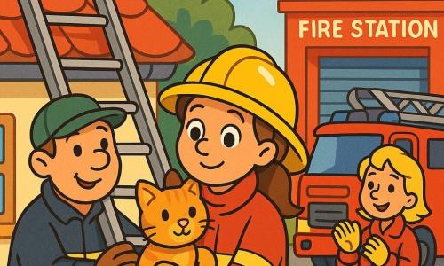 Firefighter Emma, round smiling face, large expressive eyes, brown hair in a ponytail, wearing a shiny yellow helmet and matte red jacket with reflective stripes, gently cradles a small ginger tabby cat while descending a ladder in a protective pose; firefighter Sam, broad build, wearing a green cap and brown glove, steadies the ladder and smiles encouragingly from its base to Emma’s left; firefighter Lily, short blonde hair and yellow gloves, applauds and holds a folded blanket near the fire truck behind them; the cat purrs, relaxed with soft tail and ears; scene on a suburban tiled red-roof house under a pastel blue sky with rounded green trees, a bright red fire station and truck with folded ladder visible nearby — a calm, warm, child-friendly rescue with vivid colors and clear outlines.