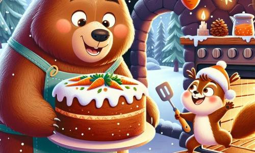 Un grande orso bruno di nome Bruno, con un pelliccia morbida e lucente, si trova al centro della scena, con gli occhi scintillanti di gioia e un ampio sorriso sul volto. Sta tirando fuori un magnifico torta di carote dal forno, circondata da luci colorate che illuminano la caverna. Accanto a lui, un piccolo scoiattolo di nome Pippo, con una pelliccia rossa e occhi vivaci, salta di gioia, le sue piccole zampe sollevate in aria, esprimendo il suo entusiasmo per il Natale. Tiene una spatola tra le zampe, pronto ad aiutare Bruno. La caverna è decorata con ghirlande di foglie verdi, stelle dorate appese al soffitto e pigne colorate su un tavolo di legno rustico. Fiocchi di neve cadono dolcemente all'esterno, aggiungendo un tocco magico all'atmosfera. Bruno e Pippo stanno preparando la torta di carote per sorprendere il loro amico Rocco, circondati da un'atmosfera festosa e calorosa, piena di risate e gioia natalizia.