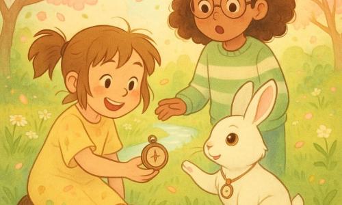 Ci sono tre personaggi: una bambina di circa 7 anni, capelli castano chiaro in treccine arruffate, vestito giallo pallido con macchie di vernice, inginocchiata a sinistra e sorridente mentre porge una piccola bussola al coniglio; un'altra bambina di circa 7 anni, capelli ricci castani, maglione verde a righe bianche e occhiali rotondi, in piedi dietro con la mano sulla spalla, sguardo meravigliato; un piccolo coniglio bianco dagli occhi nocciola con una minuscola orologio-pendaglio al collo, seduto a destra su un mucchio di foglie, sollevando la zampa come per afferrare la bussola e con aria sollevata. Ambientazione: giardino primaverile luminoso vicino a un ruscello, prati con margherite, alberi da frutto in fiore, petali e foglie che fluttuano, palette di verdi tenui, gialli caldi e rosa polvere, luce dorata del primo pomeriggio, resa ad acquerello e prospettiva bassa.