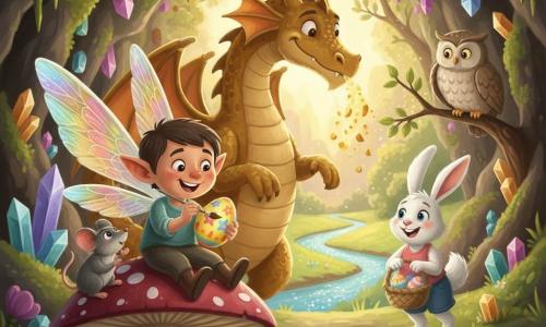 Luma, un pequeño duende de grandes alas irisadas, rostro redondo y ojos brillantes, sentado en un hongo grande y pintando un huevo de Pascua con un pincel fino y colores vivos; Drako, un dragón mediano de escamas doradas y sonrisa amable, detrás de Luma soplando suaves chispas doradas que hacen brillar los huevos; una ratoncita gris curiosa con una mini-cesta de huevos coloridos a su lado; un conejo blanco de largas orejas en la entrada de la cueva con una cesta trenzada, listo para esconder los huevos; un viejo búho en una rama observando con sabiduría; la escena transcurre en una cueva cuyas paredes están cubiertas de cristales multicolor y musgos verdes, con un halo de luz dorada en el centro y la apertura que da a un claro florido con un arroyo brillante y árboles de hojas cantoras; momento mágico en que Luma y Drako decoran huevos de Pascua brillantes con motivos de estrellas, arcoíris y pétalos mientras los amigos miran y se preparan para la gran búsqueda de huevos; estilo: pintura acrílica de colores saturados, texturas de pincel visibles, luces cálidas y contrastes suaves, ambiente alegre y feérico.