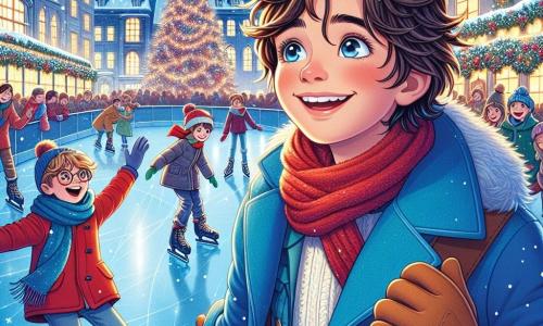 Un niño de 11 años, Lucas, con cabello castaño y despeinado, lleva un abrigo azul brillante y una bufanda roja. Su rostro irradia alegría y emoción mientras observa a un grupo de niños patinando en una pista iluminada con guirnaldas brillantes. A su lado, su amigo Tomás, un niño de 12 años con gafas y una sonrisa traviesa, lo anima a intentar una figura sobre el hielo, riendo. La escena transcurre en una ciudad nevada, donde los copos de nieve caen suavemente, cubriendo el suelo con un manto blanco. Las casas están decoradas con luces de colores, y un gran árbol de Navidad se erige en el centro de la plaza, iluminado con mil luces. Lucas, maravillado, se prepara para patinar, pero también se siente atraído por una luz brillante al borde de la pista, que parece llamarlo. Esta ilustración captura el espíritu navideño, con niños felices, decoraciones festivas y una atmósfera mágica.