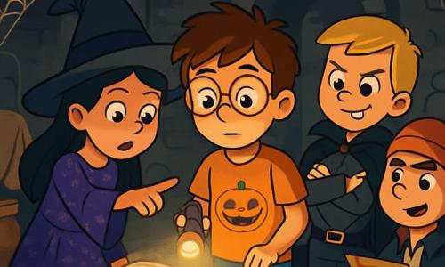 Hay 4 niños: - Hugo: un chico de 12 años, con el cabello castaño desordenado y gafas redondas. Lleva una camiseta naranja con un motivo de calabaza y unos jeans. Se encuentra en el centro, con una expresión curiosa en el rostro, sosteniendo una linterna. - Martina: una chica de 11 años, con largos cabellos negros trenzados y un sombrero de bruja negro. Lleva un vestido de bruja violeta adornado con purpurina. Está ligeramente adelante a la izquierda, señalando un libro antiguo. - Diego: un chico de 12 años, con cabello rubio y una sonrisa traviesa. Está disfrazado de vampiro con una capa negra y dientes afilados. Se encuentra a la derecha, con los brazos cruzados, mostrando una expresión desafiante. - Joaquín: un chico de 12 años, con cabello castaño y una mirada decidida. Está en silla de ruedas, vestido de pirata con un pañuelo en la cabeza. Está ligeramente atrás a la derecha, sosteniendo un mapa del tesoro. El lugar es un viejo sótano oscuro y misterioso, lleno de telarañas y objetos antiguos cubiertos de polvo. Sombras bailan en las paredes, creando una atmósfera a la vez aterradora y fascinante. Una puerta de madera chirría ligeramente, añadiendo un toque de suspense al entorno. La situación principal muestra a los niños descubriendo un libro antiguo en una mesa polvorienta, iluminada por la luz titilante de la linterna de Hugo. Parecen maravillados y un poco inquietos, listos para sumergirse en la aventura que les espera.