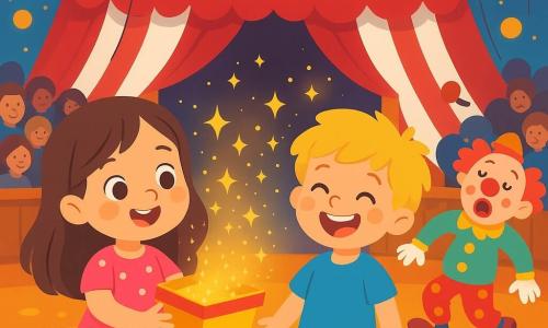Ci sono 2 personaggi principali: Lina, una bambina di 3 anni con lunghi capelli castani e occhi scintillanti, che indossa un vestito rosa a pois bianchi e tiene una scatola piena di brillantini; e Marco, un bambino di 3 anni con capelli biondi arruffati e un sorriso radioso, che indossa una maglietta blu e pantaloni corti rossi, e si trova accanto a Lina ridendo gioiosamente. La scena principale si svolge in un grande circo colorato con un enorme tendone a strisce rosse e bianche, illuminato da luci scintillanti e decorato con palloncini multicolori. Il pavimento è coperto da un tappeto morbido e spettatori meravigliati sono seduti su panche di legno, in attesa dello spettacolo. La situazione centrale mostra Lina e Marco sul palco, circondati da brillantini che volano nell'aria, ridendo insieme, mentre un clown goffo inciampa accanto a loro, aggiungendo un tocco di magia e gioia a questo momento festivo.