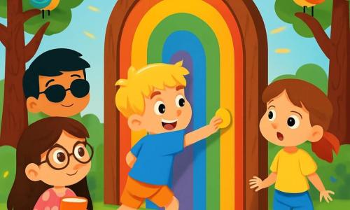 Hay 4 niños: - Lucía: una niña de 8 años con cabello largo castaño y gafas redondas. Lleva un vestido rosa con lunares y sostiene un pequeño cuaderno. Está a la izquierda, mirando la puerta colorida con curiosidad. - Mateo: un niño de 9 años con cabello rubio despeinado y una camiseta azul. Está empujando la puerta con entusiasmo, en el centro. - Clara: una niña de 7 años con cabello castaño y dos coletas. Lleva un short de mezclilla y una camiseta amarilla. Está un poco atrás, con los ojos abiertos de asombro, a la derecha de Mateo. - Tomás: un niño de 8 años con cabello negro y gafas de sol. Lleva una camiseta verde y un short rojo. Está detrás de Lucía, sonriendo y listo para entrar en el mundo mágico. El lugar es un claro encantado, lleno de flores multicolores que bailan al ritmo del viento. En el centro, hay una gran puerta de madera adornada con patrones en forma de arcoíris que brilla bajo el sol. Árboles de chocolate rodean el claro, y pájaros de plumas brillantes cantan melodías alegres. La situación principal muestra a los niños, maravillados, frente a la puerta mágica, listos para abrirla y descubrir el Reino de las Sorprensas, donde todo parece posible y la aventura les espera.