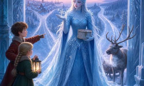 La Regina delle Nevi al centro, volto pallido e luminoso, sguardo malinconico e dolce, lunghi capelli argentati come fili di ghiaccio, veste blu glaciale ricamata di cristalli; tiene una piccola scatola di corteccia di betulla nella mano guantata e osserva un grande fiocco posato sul palmo. Un renna dagli occhi nocciola e mantello grigio perla sta dietro la coda della regina, testa inclinata, alito visibile, pronta a trainare la slitta. Un ragazzo di circa 9 anni, capelli castani arruffati, abito caldo color ruggine, dalla porta del villaggio indica la regina con espressione preoccupata ma curiosa. Una bambina di circa 7 anni, treccia bionda, cappotto verde abete, tiene una piccola lanterna accesa vicino al ragazzo, illuminando i loro volti con una luce calda. Luogo: soglia di un palazzo di ghiaccio scolpito con porte che si aprono su tre sentieri innevati; in lontananza un villaggio dai tetti coperti di neve, una foresta scura e un porto nebbioso, cielo crepuscolare rosa pallido e azzurro. Situazione principale: la regina esita nella scelta del percorso, scatola fragile nelle mani, fiocco brillante come uno specchio incrinato, atmosfera silenziosa e piena di tenuta tensione dolce.