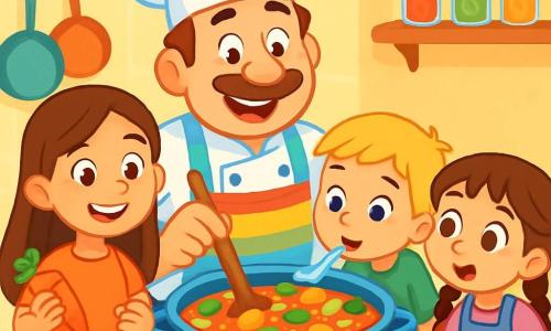 El Chef Tomás es un hombre jovial de unos cuarenta años, con una gran sonrisa y ojos brillantes de alegría. Lleva un gran sombrero de chef blanco y un delantal colorido, y está removiendo una gran olla de sopa de verduras coloridas en el fuego con una cuchara de madera en la mano. Lucía, una niña de 8 años con largos cabellos castaños y una sonrisa radiante, está a su lado sosteniendo una zanahoria naranja que acaba de cortar. Mateo, un niño de 7 años con cabello rubio y ojos curiosos, se inclina sobre la mesa probando una cucharadita de sopa con expresión maravillada. Sofía, una niña de 6 años con trenzas y un delantal morado, observa la olla con ojos desorbitados, ansiosa por probar la sopa. La escena tiene lugar en una cocina luminosa y acogedora, con paredes pintadas de amarillo pastel, estantes llenos de tarros de especias coloridos y verduras frescas sobre la encimera de madera. En esta ilustración, el Chef Tomás y los niños están preparando una sopa de verduras arcoíris, creando una atmósfera alegre y animada, llena de risas y descubrimientos culinarios.