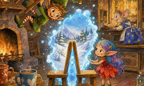 El duende bromista: pequeño elfo-juguete de rostro pícaro y gorro verde, hace un gran salto sosteniendo una silla; Lía: criatura diminuta de orejas puntiagudas y vestido de pétalos rojos, cabello cambiante, toca con asombro la otra silla; la señora ratona: ratoncita con delantal de estrellas asomada a la ventana de la cocina que muestra pasteles; escena en una cocina-chalé de madera con chimenea humeante, guirnaldas de papel, galletas y luz cálida de velas; situación: dos sillas de madera colocadas espalda con espalda emiten un halo azul brilloso que forma un portal de aire espumoso hacia un paisaje nevado; el duende salta dentro mientras Lía, maravillada y algo dudosa, posa la mano en el borde luminoso.