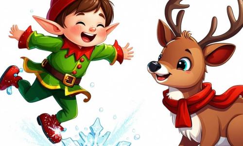 Un follet birichino con occhi scintillanti e un sorriso malizioso, indossando un cappello rosso a punta e scarpe con campanellini, salta gioiosamente su un fiocco di neve luccicante. Ride a crepapelle, con le guance rosa illuminate dall'eccitazione. Vicino a lui, una renna dal manto marrone e dai grandi occhi dolci, con una sciarpa rossa attorno al collo, guarda il folletto con curiosità, le orecchie ritte, pronta ad aiutarlo nei suoi scherzi. Un gruppo di pinguini, con il piumaggio bianco e nero, scivola sul ghiaccio, ridendo e facendo capriole, aggiungendo un tocco di gioia alla scena. Lo sfondo è un bellissimo bosco innevato, con alberi coperti di neve scintillante e un grande abete decorato con ghirlande colorate e luci brillanti, creando un'atmosfera festiva e magica. La situazione principale mostra il folletto che prepara uno scherzo nascondendo piccoli regali nella neve, mentre i pinguini si divertono intorno a lui, pronti a scoprire le sue sorprese.