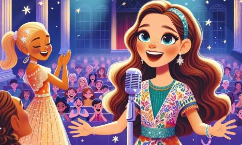 A 10-year-old girl, Lily, stands on stage, radiant and confident, with long wavy brown hair and sparkling joyful eyes. She wears a pretty colorful dress and sings passionately into a microphone, a wide smile lighting up her face. Beside her, her best friend Mia, also 10, is dressed in a sparkling dance costume, enthusiastically applauding with her blonde hair in a ponytail. She is right at the front of the stage, energetically encouraging Lily. The venue is a school auditorium decorated with colorful balloons and glittering garlands, filled with rows of students and parents, all captivated by the performance. The main scene shows Lily about to sing, surrounded by a festive and joyful atmosphere, while the audience eagerly awaits, creating a sense of excitement and support.