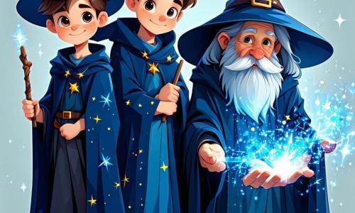 Al centro dell'immagine, un giovane stregone di nome Luca, di 12 anni, sta in piedi con un'espressione determinata. Ha capelli castani disordinati, occhi brillanti di curiosità e indossa una veste da stregone blu notte decorata con motivi stellati. Nella sua mano tiene un bastone magico scintillante, pronto a lanciare un incantesimo. Accanto a lui, il saggio Maestro Arion, un uomo di circa 60 anni con capelli bianchi come la neve e una lunga barba, indossa una veste da stregone riccamente decorata con simboli antichi e osserva Luca con orgoglio, un sorriso benevolo sul volto. Sullo sfondo, una splendida radura illuminata da una luce dorata, circondata da alberi maestosi con foglie verdi vibranti. Al centro, un albero antico con radici contorte e rune brillanti, emettendo un bagliore mistico. La scena rappresenta il momento in cui Luca si prepara a lanciare la sua prima incantazione di protezione per difendere il suo villaggio dalle creature dell'oscurità in avvicinamento, illustrando la magia e il coraggio che emana da lui.