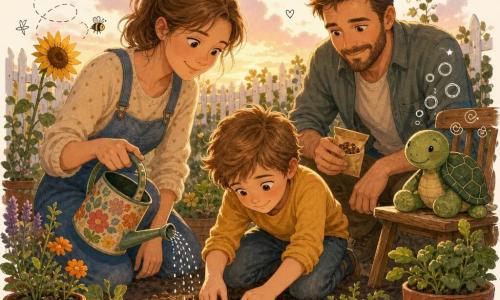 Bambino di 8 anni dal volto rotondo e capelli castano chiaro spettinati, occhi grandi curiosi e sorriso timido, inginocchiato nella terra mentre pianta un piccolo seme di girasole tra le dita; la madre di circa 35 anni con capelli raccolti in coda e espressione dolce lo affianca tenendo un annaffiatoio colorato; il padre di circa 37 anni con barba corta e sguardo fiero è accovacciato dietro di loro con un piccolo pacchetto di semi aperto; una tartaruga marina di peluche è appoggiata su una sedia da giardino a destra con qualche doodle di bolle; il tutto in un piccolo orto familiare al crepuscolo, suolo scuro e ricco, vasi di terracotta, recinzione in legno bianco e luce dorata serale; momento intimo e attivo con gesti teneri, terra che si sbriciola sotto le dita, gocce d'acqua scintillanti e piccoli doodle di formiche e api a suggerire la vita che dipende dalle piante.