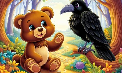 Um adorável urso de pelúcia, chamado Bruno, é representado no centro da imagem, com um pelo marrom macio e olhos brilhantes de curiosidade. Ele sorri, com as patas levantadas, como se estivesse pronto para explorar o mundo ao seu redor. Ao lado dele, um majestoso corvo sábio, com penas pretas brilhantes e olhos penetrantes, está empoleirado em um galho de árvore. Ela observa Bruno com benevolência, exibindo uma expressão de sabedoria e calma, como se estivesse pronta para compartilhar seus conhecimentos. O cenário é uma floresta encantada, repleta de árvores de troncos grossos e folhas douradas que brilham sob a luz do sol. Flores coloridas, com pétalas brilhantes, cercam o caminho que Bruno segue, e um suave riacho serpenteia pela paisagem, adicionando um toque de magia ao todo. A situação principal mostra Bruno fazendo uma pergunta ao corvo, enquanto estão no início do caminho de folhas douradas, simbolizando a busca por conhecimento e respostas em um mundo cheio de mistérios.