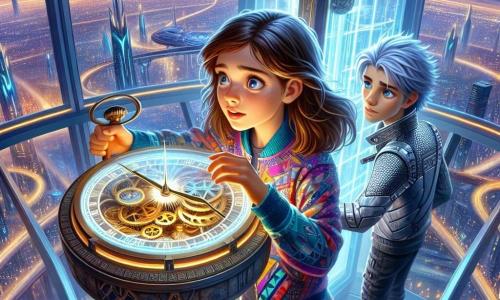 Uma menina de 12 anos, Clara, com longos cabelos castanhos e olhos brilhantes de curiosidade, está no topo de uma alta torre futurista, olhando maravilhada para um céu estrelado. Ela usa uma roupa colorida e moderna, com padrões geométricos, e segura um antigo cronômetro brilhante nas mãos, seu rosto iluminado pela luz das estrelas, revelando uma emoção de excitação misturada com apreensão. Ao seu lado, Alaric, um garoto de 12 anos com cabelos prateados e olhos azuis brilhantes, se inclina sobre o cronômetro, concentrado e determinado. Ele veste uma jaqueta futurista em tons metálicos e observa atentamente os engrenagens, pronto para ajudá-la a ativar a viagem no tempo. O local é uma torre esguia, construída de vidro e metal, cercada por luzes cintilantes e estruturas futuristas, com uma vista da cidade do futuro se estendendo até onde a vista alcança, onde veículos voadores deslizam silenciosamente no céu noturno. A cena principal mostra Clara e Alaric ajustando o cronômetro para alinhar os engrenagens com as constelações brilhantes acima deles, criando uma atmosfera de mistério e aventura, enquanto se preparam para desencadear uma viagem no tempo.