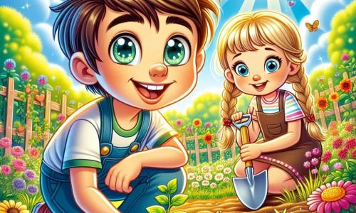 Um garoto de 12 anos, chamado Pedro, com cabelos castanhos bagunçados e olhos brilhantes de curiosidade, está agachado em um jardim ensolarado, sorrindo entusiasmado enquanto planta uma pequena semente no solo fértil. Ao seu lado, sua irmã Clara, uma menina de 10 anos com cabelos loiros trançados, segura uma pequena pá e observa Pedro com admiração, pronta para ajudar. O jardim está cheio de fileiras de flores coloridas, vegetais verdes exuberantes e borboletas voando, tudo sob um céu azul radiante salpicado de nuvens brancas fofas. A cena principal mostra Pedro e Clara em plena ação, cercados pela beleza da natureza, compartilhando um momento alegre e cúmplice enquanto trabalham juntos para cultivar seu jardim comunitário.
