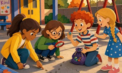 There are four children: Lily, ~10, brown hair in a ponytail, yellow jacket, standing left, looking down resolutely and pointing at small footprints on the ground; Emma, ~10, short chestnut hair, round glasses, green sweater, crouched center examining the ground with a red plastic magnifying glass; Sophie, ~10, blonde hair in a braid, blue polka-dot dress, standing right, smiling and tugging Timmy’s sleeve to get his attention; Timmy, ~10, curly red hair, striped t‑shirt, standing by the swings holding open a small cloth bag of marbles and showing a large shiny marble to the group. The setting is a covered school playground with slightly cracked concrete, a blue-painted wooden bench, a row of red metal swings behind the children, a warm light arch and a large yellow entrance door in the background; late afternoon light with long shadows. Main scene: the young investigators discover a shiny marble; dynamic poses, curious, conspiratorial expressions, tiny footprints leading toward Timmy, bright colors and visible paper-cut textures (cut edges, layered pieces, soft shadows).