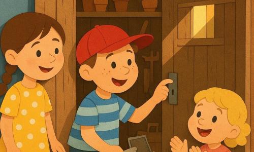 A proud, enthusiastic 6-year-old boy with a round freckled face, red cap and blue-and-white striped shirt holds a small silver key and opens a narrow light-brown wooden garden shed; to his left Lily, a curious smiling 6-year-old girl with brown pigtails in a yellow polka-dot dress peers inside, and to his right Emma, a joyful 3-year-old with blonde curls in a pink sweater claps while holding a small stuffed toy. The shed’s peeling boards, shelves of terracotta pots, wooden-handled tools and seed packets surround a dusty small silver box at the center containing a stack of yellowed photos and a folded note; sunlight streams through a skylight casting warm rays and soft shadows on the plank floor. Overall warm contrasting tones, simple shapes, crisp outlines and paper-cut textures evoke a joyful, mysterious children’s scene.