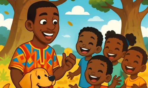 A man named Mosi, in his thirties, with a broad, radiant smile and sparkling, curious eyes, stands in the shade of majestic baobabs. He wears a colorful tunic with vibrant African patterns and holds a small piece of millet bread in his hand, ready to share. Beside him, a joyful golden retriever named Bemba wags his tail enthusiastically, his eyes shining with happiness. The scene is a sunny African landscape, with two imposing baobabs featuring gnarled trunks and wide branches, surrounded by colorful wildflowers and a gentle breeze rustling the leaves. The main situation shows Mosi sharing his bread with a group of joyful children, their faces lit up with joy and excitement as they approach with laughter and bright smiles, creating a warm and friendly atmosphere under the blue sky.