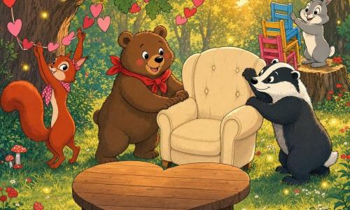 A small round fluffy brown bear with bright eyes, rosy cheeks and a tied red scarf pushes a large cream cushioned chair toward a heart-shaped wooden table in a sunny forest clearing; a slim red squirrel on a low branch to the left hangs pink heart garlands, a stout calm black-and-white badger to the right helps push from behind, a lively gray rabbit on a stump in the background claps while holding a small stack of colorful chairs, green grass dotted with red and white flowers, tall oaks with paper garlands, drifting yellow fireflies, pastel tones, soft textures and golden late-afternoon light evoking a warm Valentine’s celebration.