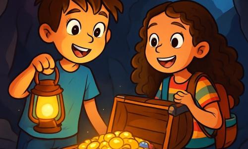 Um menino de 10 anos, chamado João, está à beira de uma caverna misteriosa, com os olhos brilhando de emoção e admiração. Ele tem cabelos castanhos bagunçados, uma camiseta azul e um short de jeans, segurando uma lanterna velha que ilumina seu rosto com um brilho dourado. Ao seu lado, sua melhor amiga Luísa, uma menina de 10 anos com cabelos longos e cacheados, usa uma camisa listrada colorida e uma mochila cheia de suprimentos. Ela observa o tesouro com um sorriso radiante, seus olhos brilhando de aventura. A cena acontece em uma caverna escura, com paredes de pedra áspera e estalactites penduradas no teto. Um raio de lua entra por uma fenda, iluminando um grande baú de madeira antiga, adornado com ferragens enferrujadas, que está aberto e revela moedas de ouro cintilantes e joias coloridas. João e Luísa, maravilhados, descobrem o tesouro escondido, cercados por uma atmosfera de emoção e mistério, prontos para compartilhar sua incrível descoberta.