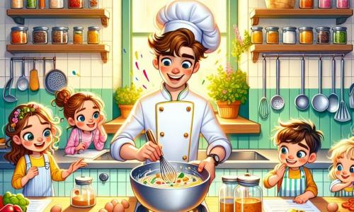 O personagem principal é um homem, o Chef João, sorridente e entusiasmado, com cabelos castanhos e um bigode bem aparado. Ele usa um paletó de chef branco com botões coloridos e um avental listrado. Ele está misturando ingredientes em uma tigela grande, com cores ao seu redor, mostrando sua energia e paixão pela culinária. Ao seu lado, um grupo de quatro crianças, todas com idades entre 8 e 10 anos, o rodeia. Uma menina de cabelos cacheados e loiros, usando um pequeno chapéu de chef, está cortando tomates com cuidado. Um menino de óculos, com cabelos castanhos, está batendo ovos em uma tigela, com uma expressão concentrada. Outra menina, com tranças e um sorriso radiante, adiciona folhas de manjericão à mistura, enquanto um menino de cabelos pretos, rindo, segura um prato cheio de legumes coloridos. A cena se passa em uma cozinha iluminada e acolhedora, com paredes pintadas de amarelo pastel, prateleiras cheias de potes de especiarias e legumes frescos dispostos sobre a bancada. Utensílios de cozinha brilhantes pendem acima deles, e uma janela deixa entrar a luz do sol, iluminando o espaço. A situação principal mostra o Chef João e as crianças preparando um prato saboroso para um concurso de culinária, com uma atmosfera alegre e colaborativa, onde cada um contribui com seu toque pessoal à receita.
