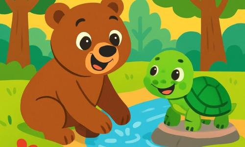 Oso Bruno, un gran oso pardo de ojos brillantes y pelaje suave, se encuentra al borde de un arroyo reluciente. Sonríe con una expresión alegre y curiosa, lavando sus patas en el agua clara. A su lado, Tortuga, una tortuga verde con un caparazón brillante y ojos traviesos, mira a Bruno con una sonrisa amistosa. Está sobre una pequeña piedra plana, observando atentamente a su amigo mientras asiente con aprobación. El lugar es un hermoso bosque soleado, lleno de árboles majestuosos con hojas verdes vibrantes, flores coloridas que bailan al viento y un arroyo de reflejos plateados que serpentea suavemente por el paisaje. La situación principal muestra a Bruno y Tortuga cuidando el agua del arroyo, usando solo un poco de agua para lavar las patas del oso, mientras comparten un momento de complicidad y aprendizaje sobre la importancia de proteger la naturaleza.