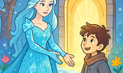 Die Schneekönigin, eine majestätische Frau von ätherischer Schönheit, trägt ein glitzerndes Kleid aus Eiskristallen, das das Sonnenlicht reflektiert. Ihr Gesicht ist sanft, aber entschlossen, mit tiefblauen Augen, die voller Emotionen und Mitgefühl sind. Sie steht im Mittelpunkt der Szene und reicht einem jungen Jungen, Eldur, mit einem warmen Lächeln die Hand. Eldur, ein etwa 12-jähriger Junge mit zerzausten braunen Haaren und neugierigen Augen, trägt einen grauen Wollmantel und steht direkt neben der Königin, während er den magischen Tor mit Staunen betrachtet. Die Szenerie ist ein verzauberter Garten, in dem bunte Blumen aus dem noch gefrorenen Boden sprießen, und ein großer Baum mit verdrehten Ästen, der mit glitzernden Kristallen bedeckt ist, im Hintergrund steht. Sanfte Schneeflocken fallen und schaffen eine Atmosphäre von Magie und Erneuerung. Die Schneekönigin und Eldur stehen vor einem großen leuchtenden Tor, das den Zugang zu einer neuen Welt symbolisiert, während ein sanftes goldenes Licht von innen strahlt und ihre Gesichter mit Hoffnung und Entschlossenheit erleuchtet.