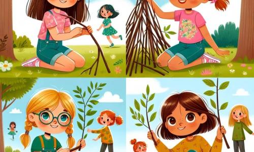 Într-un parc însorit, patru fete sunt adunate în jurul unei fortărețe făcute din crengi și frunze. Andreea, o fată de nouă ani cu părul brun și ochi strălucitori, poartă un tricou roz și șort din blugi, zâmbind în timp ce ține o creangă pentru a construi fortul. Maria, o altă fată de nouă ani cu părul castaniu și ochelari rotunzi, este îmbrăcată într-o rochie cu flori și o privește cu entuziasm pe Andreea, pregătită să o ajute. Elena, de asemenea de nouă ani, are părul blond și împletituri, poartă un tricou galben și pantaloni albaștri, aplecată adunând frunze pentru fort. Mira, o fată de nouă ani cu părul roșu și pistrui pe față, poartă un pulover verde și pantaloni negri, zâmbind timid în timp ce ține o creangă, simțindu-se acceptată de celelalte. Parcul este plin de copaci verzi, flori colorate și un cer albastru strălucitor, iar în depărtare se văd copii jucându-se și râzând, adăugând la atmosfera veselă. Cele patru fete construiesc fortul, discutând și râzând, ilustrând importanța prieteniei și a toleranței, în ciuda diferențelor lor.
