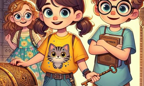 Een 7-jarig meisje, Lotte, staat voor een oude mysterieuze villa, haar ogen stralend van nieuwsgierigheid en opwinding. Ze heeft lang bruin haar in twee staarten, draagt een gele t-shirt met een kattenafbeelding en een spijkerbroekshort. In haar hand houdt ze een oude roestige sleutel, klaar om een grote houten kist met oude patronen te openen. Naast haar kijkt haar vriend Sam, een 8-jarig jongen met ronde bril en rommelig kastanjebruin haar, met een mengeling van verwondering en verwachting naar de kist. Hij draagt een blauwe t-shirt en cargobroek, terwijl hij een klein notitieboekje in de andere hand vasthoudt om hun ontdekkingen op te schrijven. Noor, een 7-jarig meisje met krullend blond haar en een stralende glimlach, staat iets op de achtergrond met gekruiste armen, maar met een vastberaden blik. Ze draagt een bloemenjurk en sandalen, klaar om haar vrienden aan te moedigen in dit avontuur. De scène speelt zich af in de villa, waar het licht door de grote stoffige ramen valt, en oude meubels bedekt zijn met witte lakens. Spinnenwebben hangen in de hoeken en boeken liggen verspreid over de vloer, wat bijdraagt aan de mysterieuze en avontuurlijke sfeer. Lotte, Sam en Noor bereiden zich voor om de kist te openen, vol verwachting om de geheimen die erin verborgen zijn te ontdekken, wat hun onderzoekende geest en onwrikbare vriendschap illustreert.