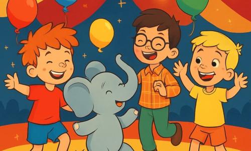 Er zijn 3 personages: - Bram: een 8-jarig jongetje met messy rood haar en sproeten op zijn gezicht. Hij draagt een rode t-shirt en een blauwe short. Hij danst vrolijk met een klein olifantje genaamd Elsje. - Finn: een 7-jarig jongetje met bruin haar en scheve bril. Hij is gekleed in een geruit overhemd en groene broek. Hij probeert het ritme van Elsje's dans te volgen, terwijl hij lacht. - Sam: een 8-jarig jongetje met blond haar en een grote glimlach. Hij draagt een gele t-shirt en een oranje short. Hij staat dicht bij Bram en steekt zijn armen op om de olifant aan te moedigen om te dansen. De locatie is onder een groot kleurrijk circustent met rode en witte strepen. Fonkelende lichten verlichten het podium en meerkleurige ballonnen zweven in de lucht. De sfeer is feestelijk, vol gelach en vrolijke muziek. De belangrijkste situatie toont Bram en Elsje die samen in het midden van de piste dansen, terwijl Finn en Sam hen enthousiast aanmoedigen. De toeschouwers om hen heen lachen en applaudisseren, wat een sfeer van vreugde en magie creëert.