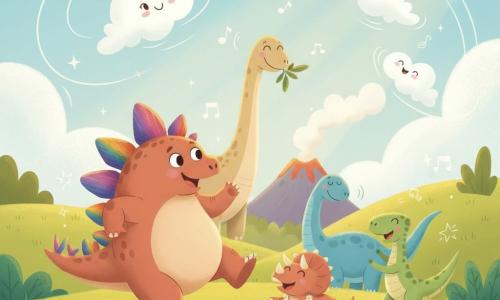 Stijn de stegosaurus, groot en rond met brede kleurrijke glanzende platen en een glimlach, danst met één poot in de lucht; Trudy de triceratops, klein en dapper met korte hoorns en een bloemenkrans, lacht en stampt naast hem; een vrolijke velociraptor, slank en springerig met lichtgroene vlekken, speelt tikkertje; een rustige hoge brachiosaurus met een lange beige nek kijkt glimlachend vanachter en wuift met bladeren; een slaperige maar tevreden diplodocus, lang en zachtblauw, klapt met zijn staart; pluizige glimlachende wolken zweven laag en draaien boven de dino’s. De scène speelt zich af in een kleurrijk grasdal met ronde heuvels, kleine rode en gele bloemen, een zachte berg en een ongevaarlijke vulkaan op de achtergrond; lichtblauwe lucht met zonnestralen. Hoofdtaferelen: een vrolijk buitenfeest waar dino’s en wolken dansen en spelen, met denkbeeldige muziek en hoorbaar gelach.