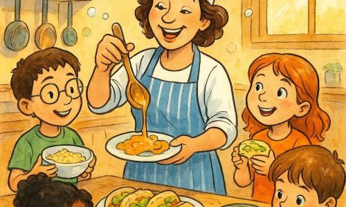 Una chef sonriente y cariñosa, la Chef Sofía, con gran gorro blanco y delantal a rayas azules, sostiene una cuchara de madera y vierte suavemente una salsa dorada sobre tacos mientras niños la rodean: Marta, una niña de 7 años pelirroja con pecas sostiene una pequeña tortilla a la derecha; a la izquierda, un niño de 8 años con gafas redondas y cabello castaño sujeta un cuenco de queso rallado; otros 2-3 niños mixtos ayudan en la mesa central cortando tomates y preparando ensalada. La cocina es luminosa y acogedora, con grandes ventanas y luz dorada, estantes de madera con frascos coloridos, un amplio mostrador de madera, ollas colgantes y burbujas de jabón flotando; ambiente cálido, texturas visibles (madera, tela, metal brillante) y trazos de tinta dinámicos.